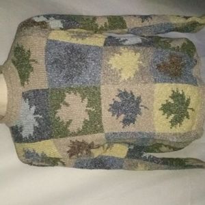 Vintage David Brooks Leaf Print Roll Neck Sweater. Acrylic, Cotton and Silk. Lg